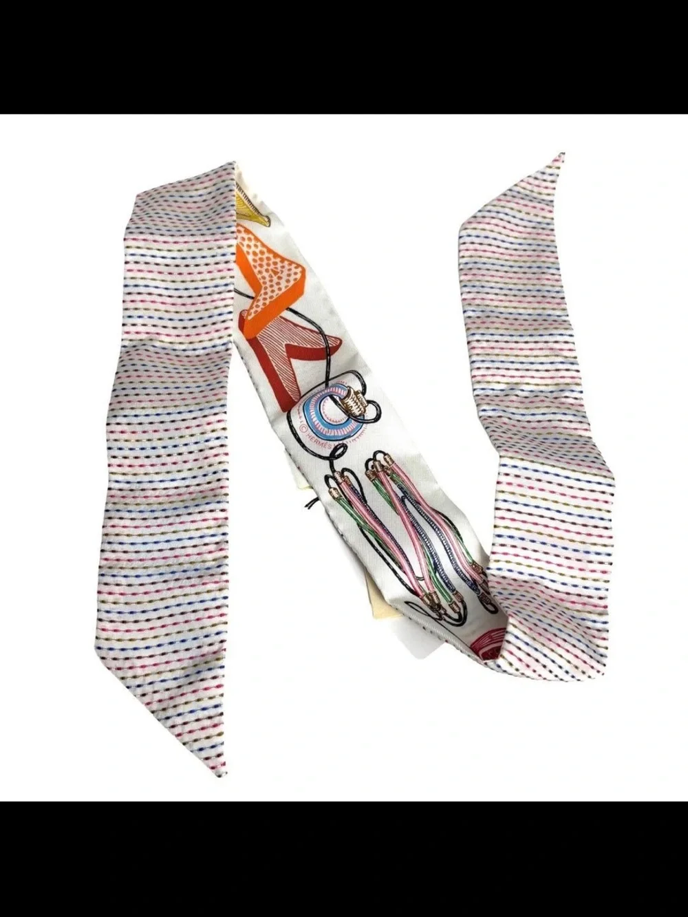 Hermes White Multicolor Silk Twilly Scarf